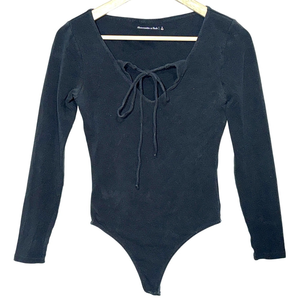 Abercrombie & Fitch Black Cotton Tie V-Neck Long Sleeve Bodysuit Womens Size S
